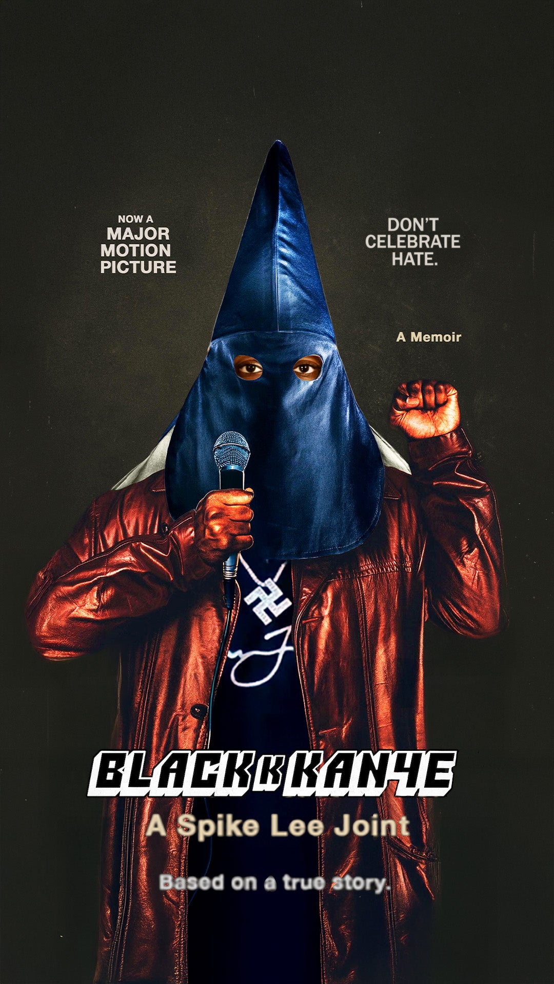 Blackkkanye movie poster artwork with a masked figure holding a microphone.