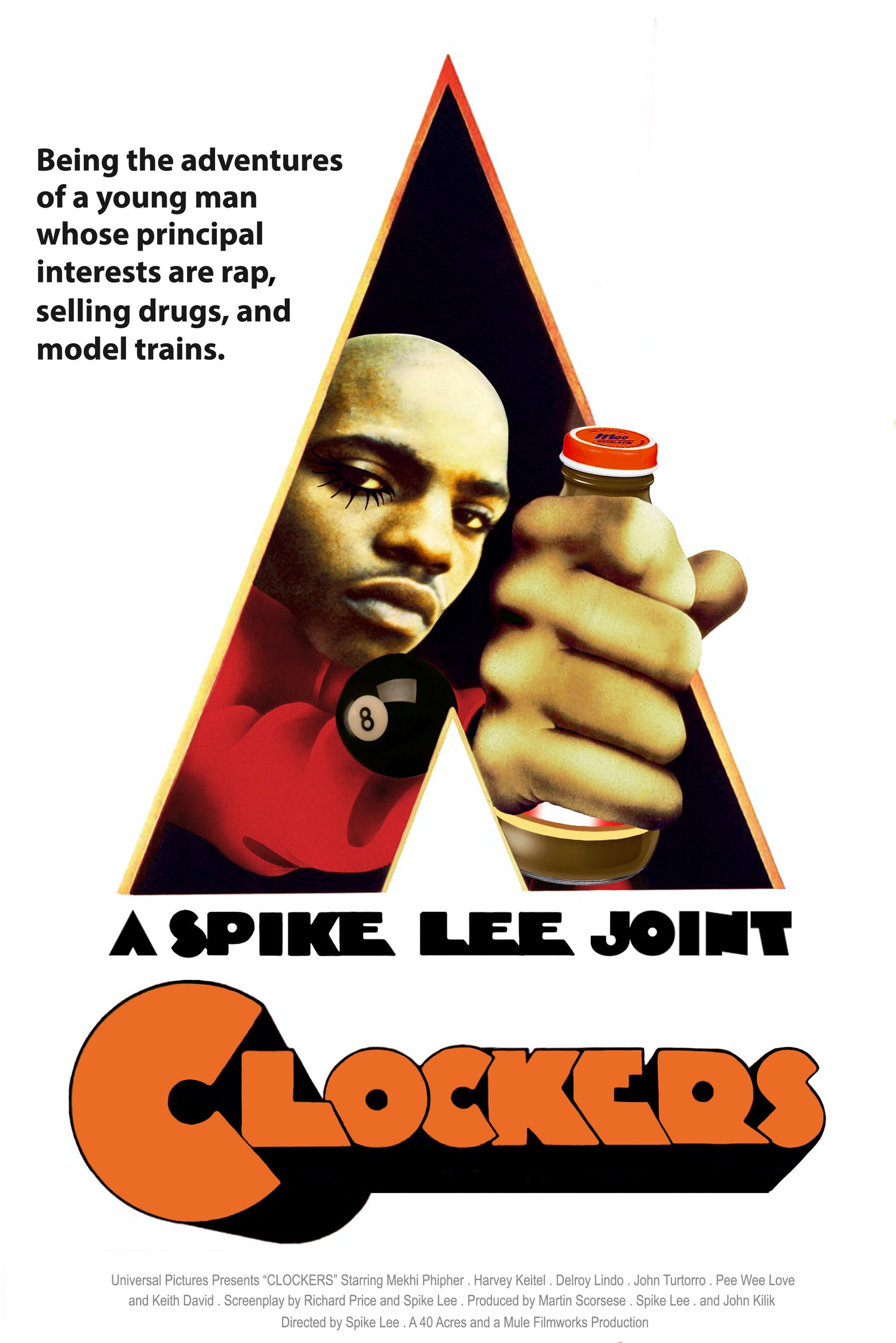 Clockers 8 Ball movie poster artwork with a graphic orange title and surreal character collage.