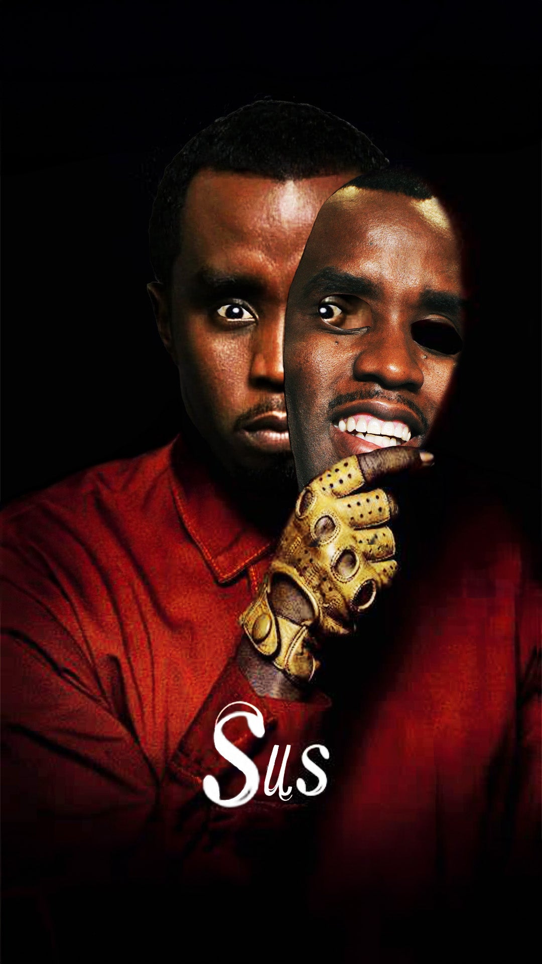 Sus Movie Poster parody remix poster art print showing a red-toned masked portrait remix with dramatic horror-inspired lighting, original Cockstar Fame 27 x 40 wall art.