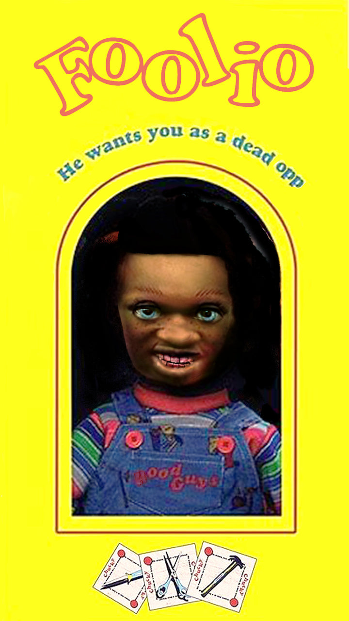 Foolio Chucky Movie Poster parody remix poster art print showing a bright yellow horror-doll parody remix poster composition, original Cockstar Fame 27 x 40 wall art.