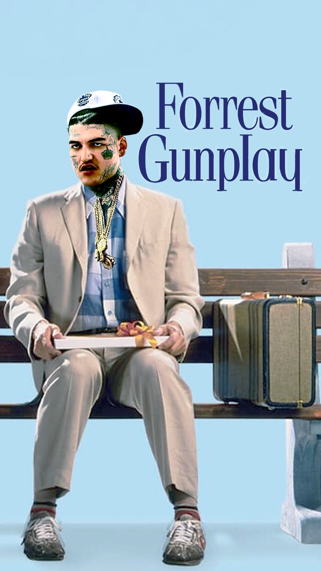 Forrest Gunplay movie poster artwork with a suited figure on a bench and blue background.