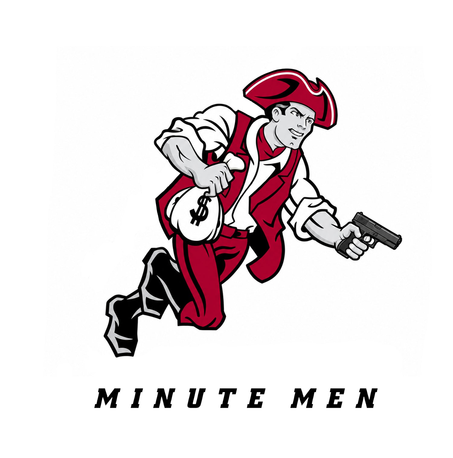 Minute Men red character logo with black lettering for Cockstar Fame t-shirt