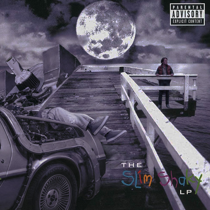 Slim Shaky LP Album Art Print album cover parody remix art print showing a moonlit pier, car, and purple-gray album cover remix, original Cockstar Fame square wall art.